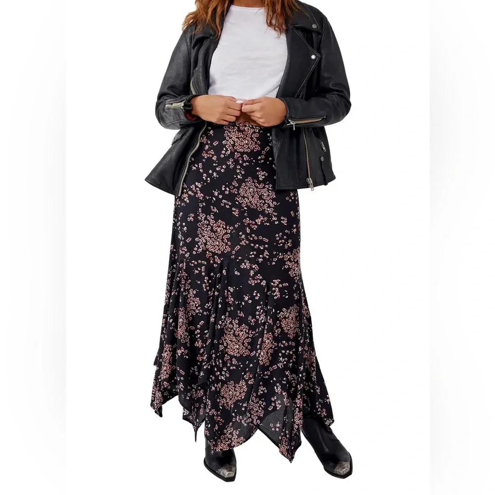 Free People Asymmetrical Floral Skirt in Black and Pink